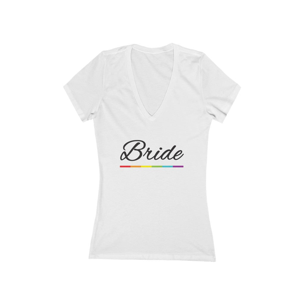 LGBTQ+ Wedding Day White Fitted V-Neck Tshirt with Bride in Black Cursive - Rainbow Underline