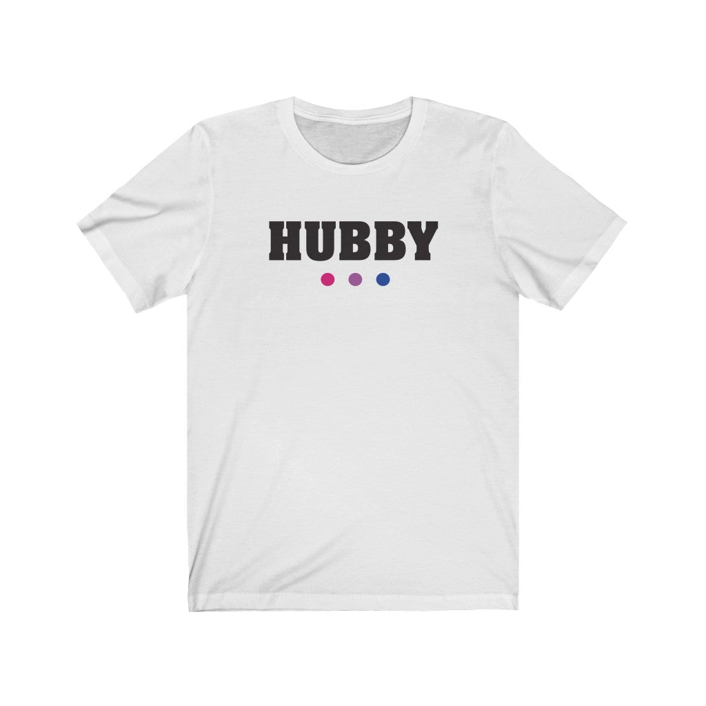 White Crewneck Tshirt with HUBBY in Black Letters - Bi-sexual Pride Color Dot Underline