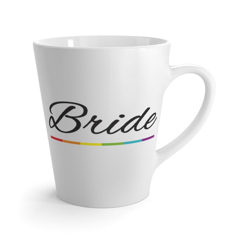White Mug with Bride in Black Cursive and LGBT Rainbow Pride Underline -  Front View