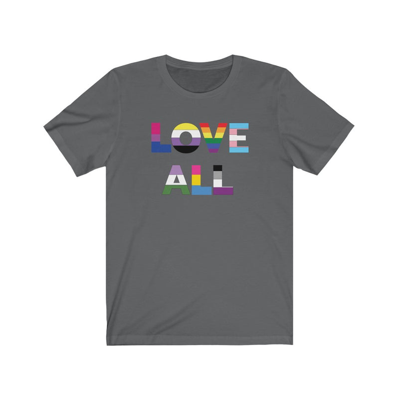 Charcoal Crewneck Tshirt with Love All in LGBTQ+ Rainbow Block Letters