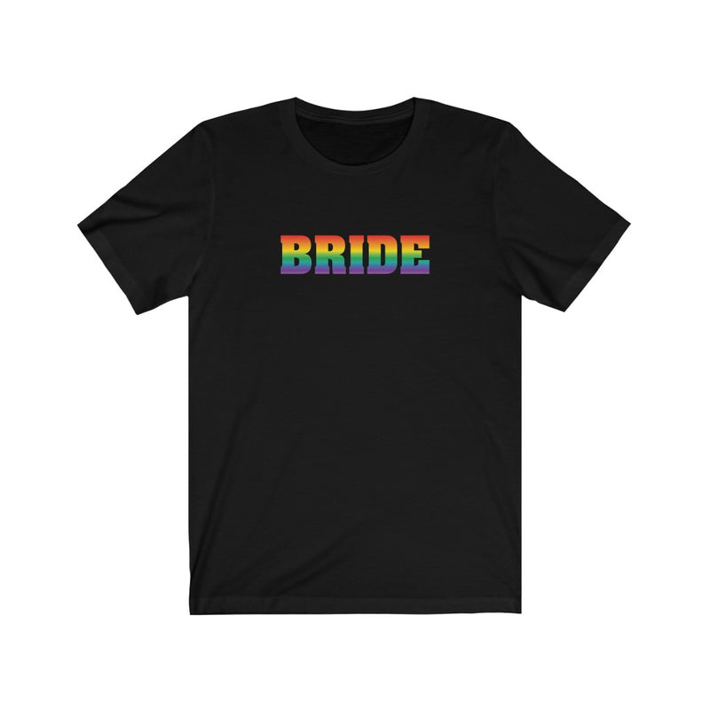 LGBTQ+ Wedding Day Black Crewneck Tshirt with BRIDE in Rainbow Pride Colored Block Letters