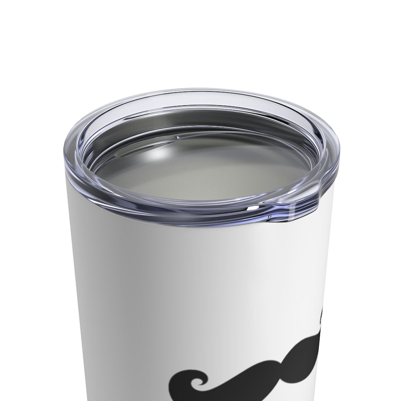 Stainless Steel White Tumbler With a Black Mustache - Top View Angled