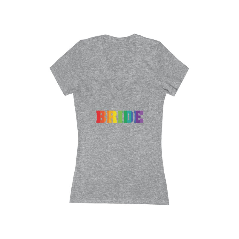 LGBTQ+ Wedding Day Athletic Heather Grey Fitted V-Neck Tshirt with BRIDE in Vertical Stripe Rainbow Pride Block Letters