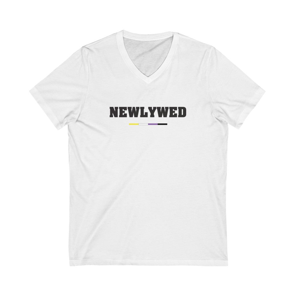 White V-Neck Tshirt with NEWLYWED in Black Block Letters - Non-Binary Pride Underline
