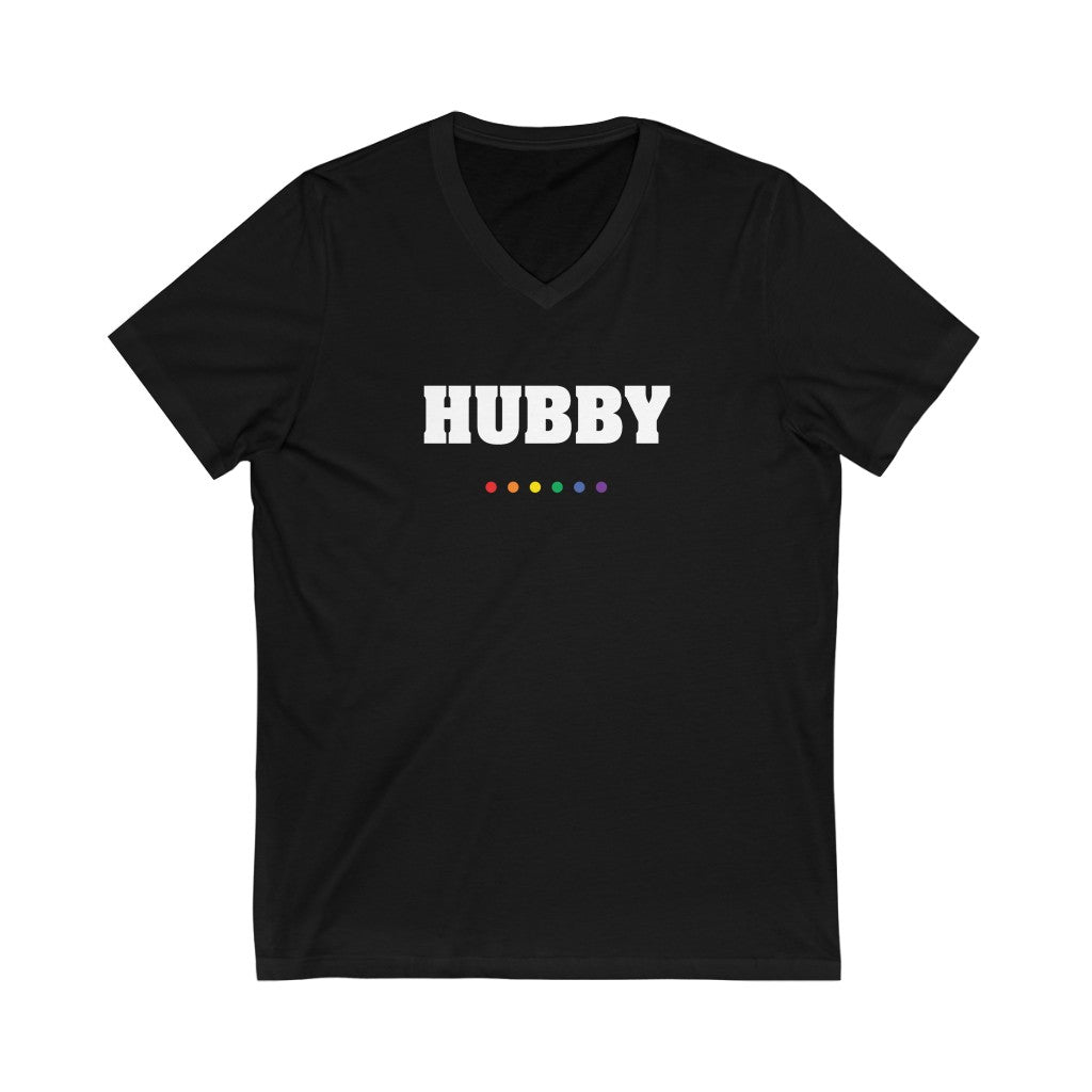 Black V-Neck with HUBBY in Black Block Letters - LGBTQ+ Rainbow Dot Underline