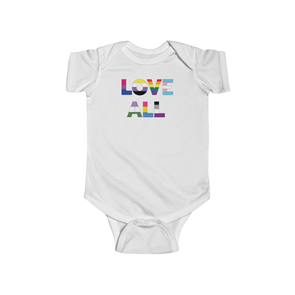 White Infant Bodysuit with LOVE ALL in Rainbow Block Letters