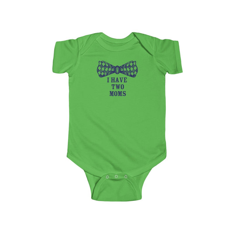 Apple Green Infant Bodysuit with Checkered Bowtie - I Have Two Moms in Blue Lettering