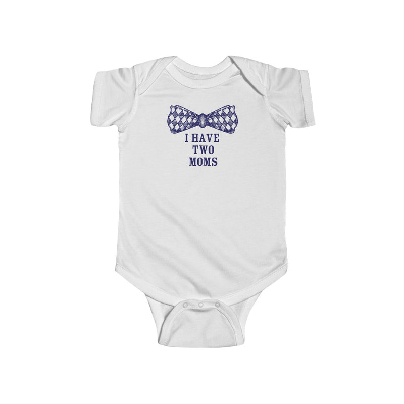 White Infant Bodysuit with Checkered Bowtie - I Have Two Moms in Blue Lettering