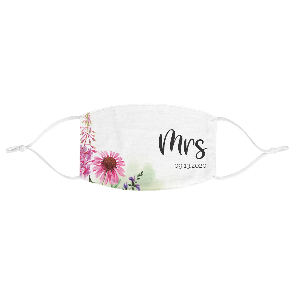 White Fabric Face Mask - Adjustable Ear Loops - Floral Print - Mrs in Black Cursive - Customizable Date