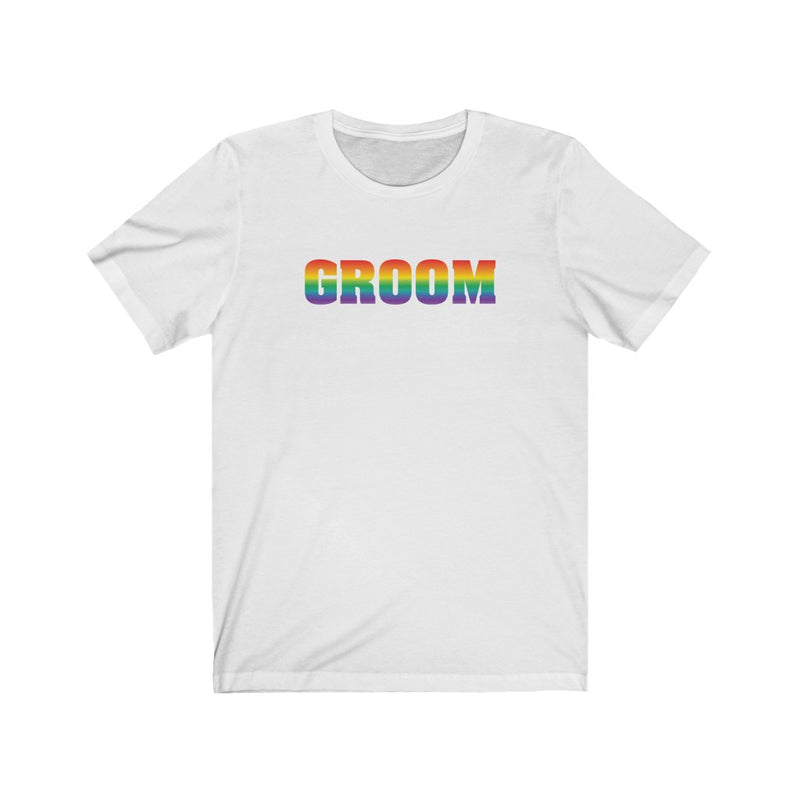Wedding Day White Crewneck Tshirt with GROOM in Rainbow Block Letters