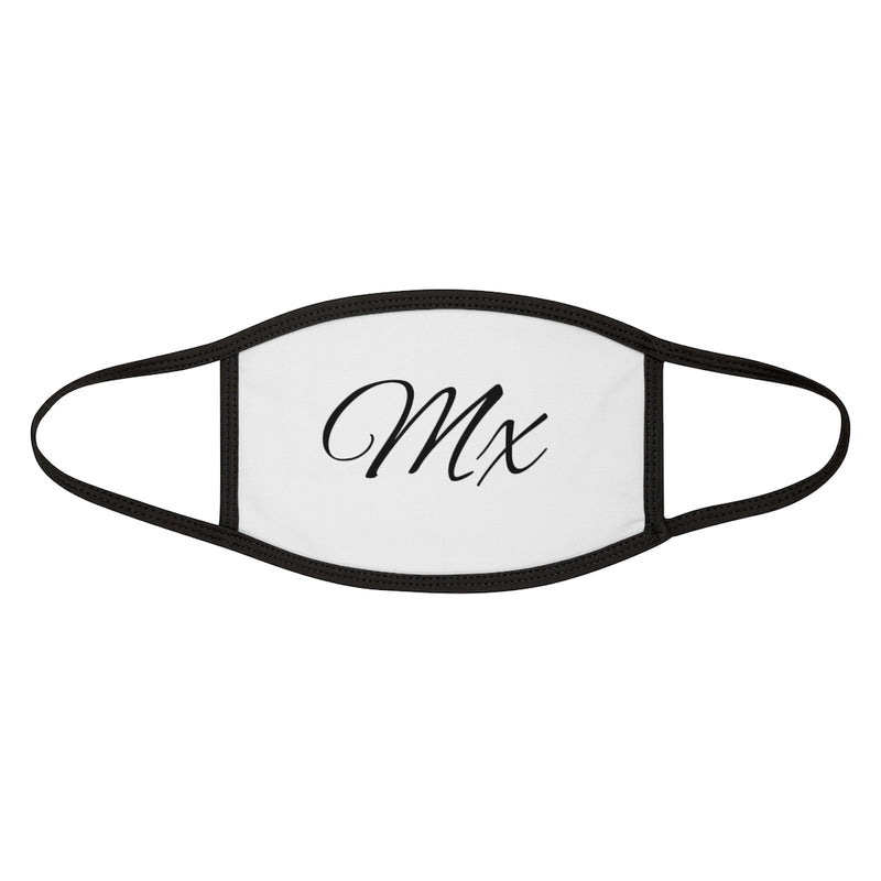 White Fabric Face Mask with Mx in Black Cursive - Black Edges and Ear Loops