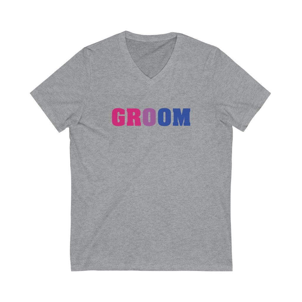 Wedding Day Athletic Heather Grey V-Neck Tshirt with GROOM in Bi-sexual Pride Colored Block Letters 