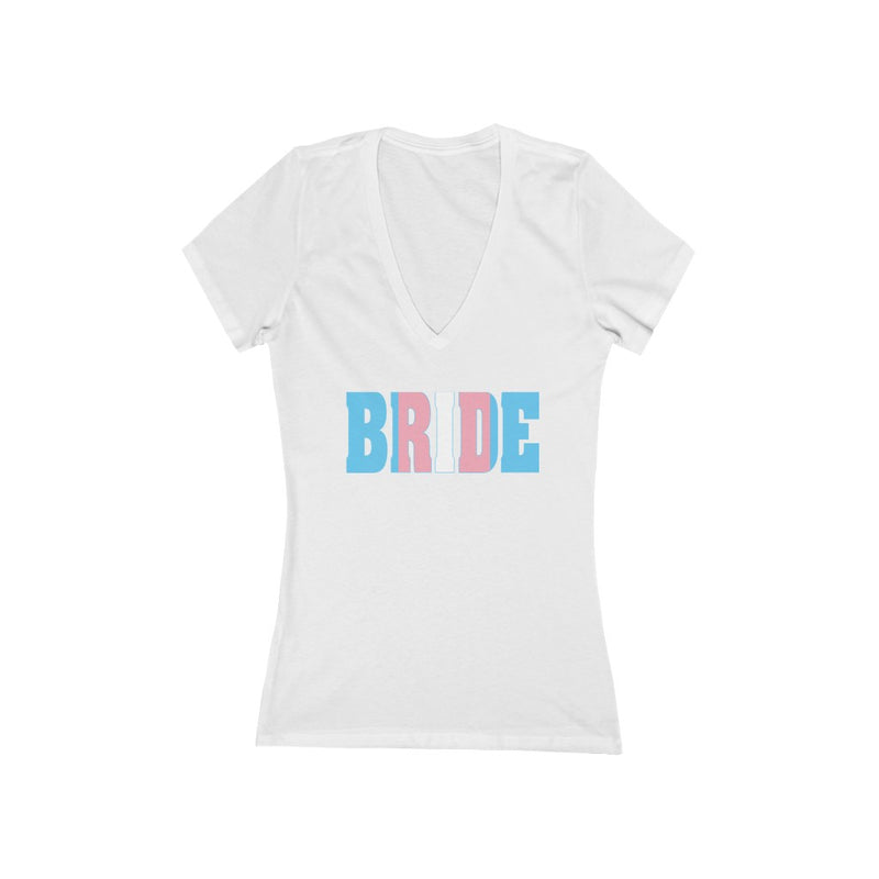 White Fitted V-Neck Tshirt with BRIDE in Transgender Pride Colored Block Letters