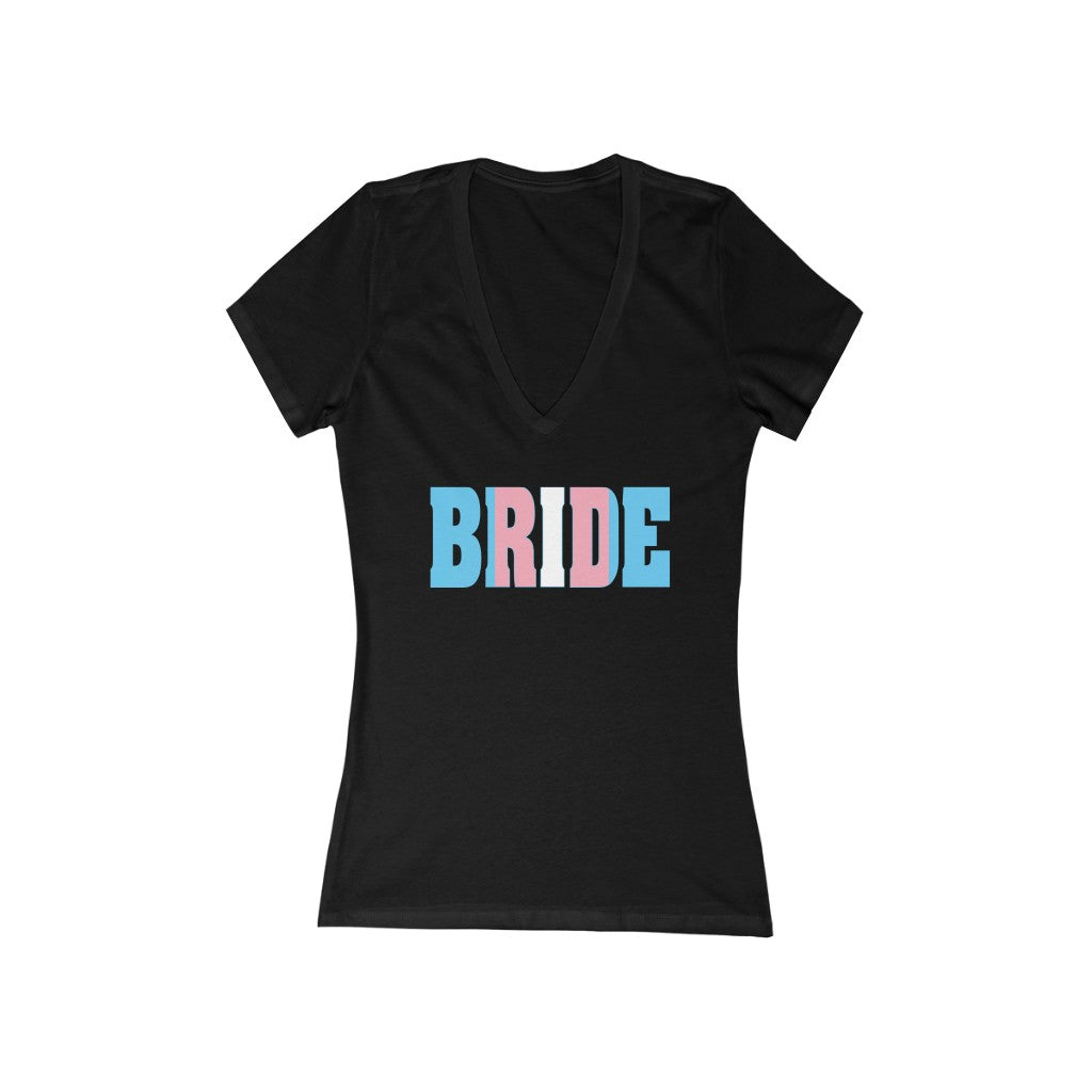 Black Fitted V-Neck Tshirt with BRIDE in Transgender Pride Colored Block Letters