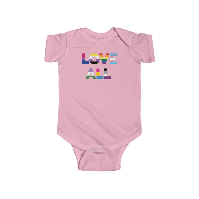Pink Infant Bodysuit with LOVE ALL in Rainbow Block Letters