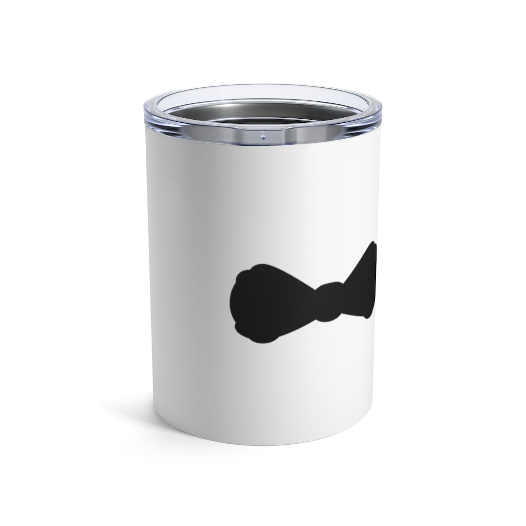 Stainless Steel White Tumbler with a Black Bow Tie - Front View with Lid On