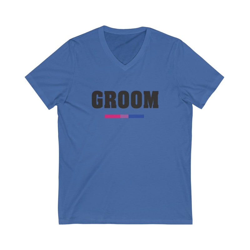 Wedding Day True Royal Blue V-neck Tshirt with GROOM in Black Block Letters - Bi-sexual Pride Colors Underline