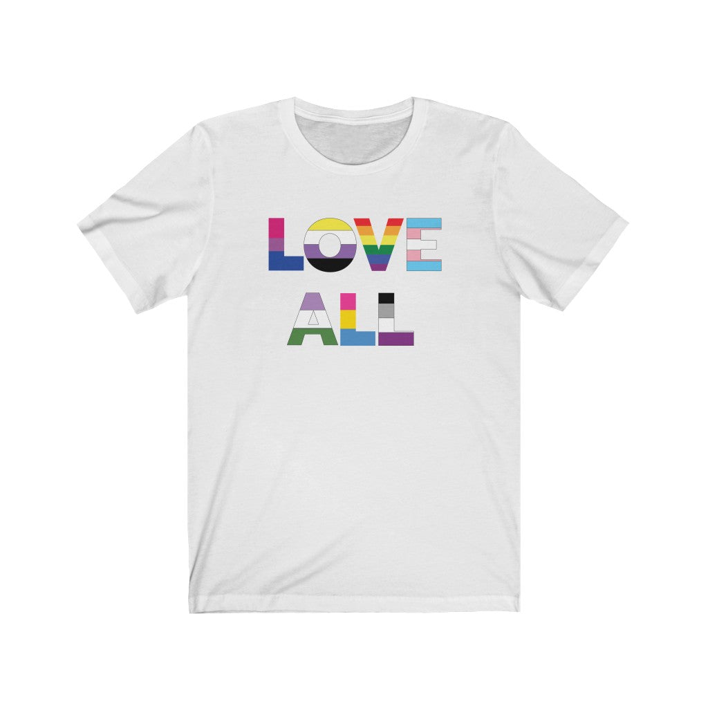 White Crewneck Tshirt with Love All in LGBTQ+ Rainbow Block Letters