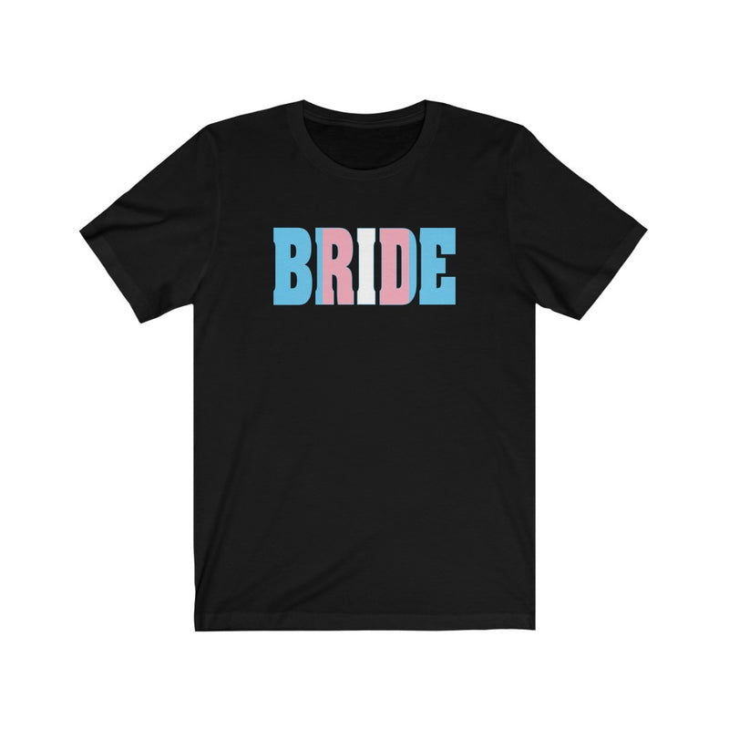Wedding Day Black Crewneck Tshirt with BRIDE in Transgender Pride Colored Block Letters