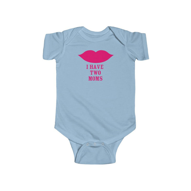 Light Blue Infant Bodysuit with Cartoon Lips - I Have Two Moms in Pink Lettering