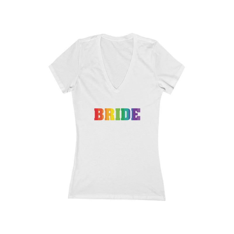 LGBTQ+ Wedding Day White Fitted V-Neck Tshirt with BRIDE  in Vertical Stripe Rainbow Pride Block Letters