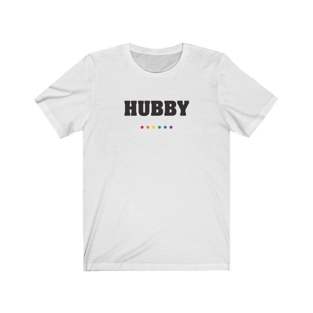 White Crewneck Tshirt with HUBBY in Black Block Letters - LGBTQ+ Rainbow Pride Dot Underline