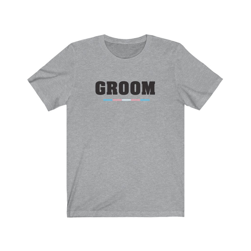 Wedding Day Athletic Heather Grey Crewneck Tshirt with GROOM in Black Block Letters - Transgender Pride Underline