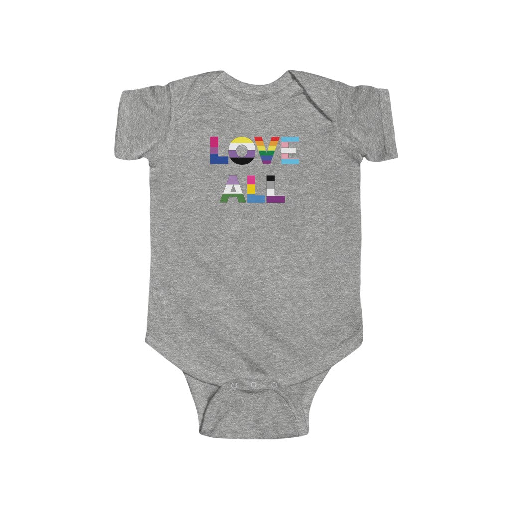 Heather Grey Infant Bodysuit with LOVE ALL in Rainbow Block Letters
