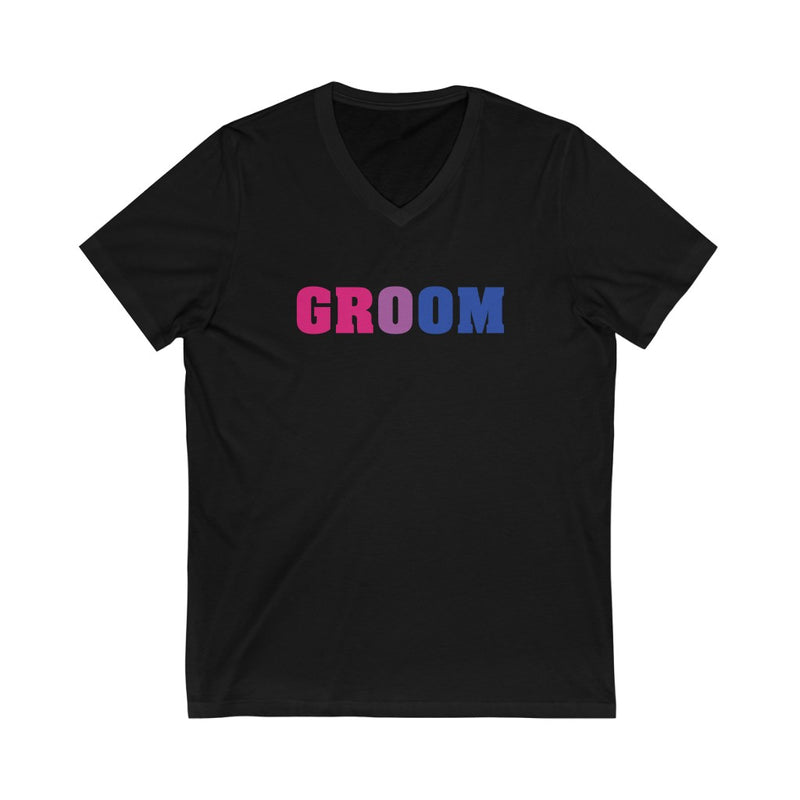Wedding Day Black V-Neck Tshirt with GROOM in Bi-sexual Pride Colored Block Letters 