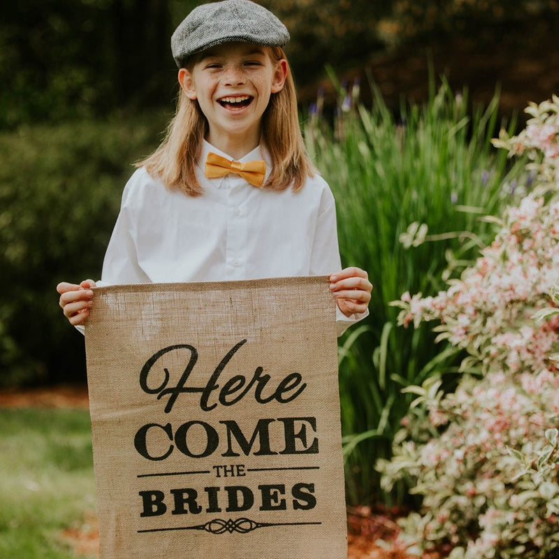 Child Holding Here Come The Brides Brown Burlap Banner - LGBT Wedding