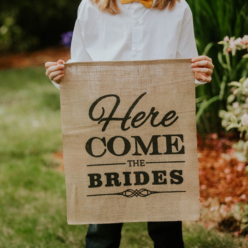 Here Come The Brides Brown Burlap Banner with Child Close Up - LGBT Wedding
