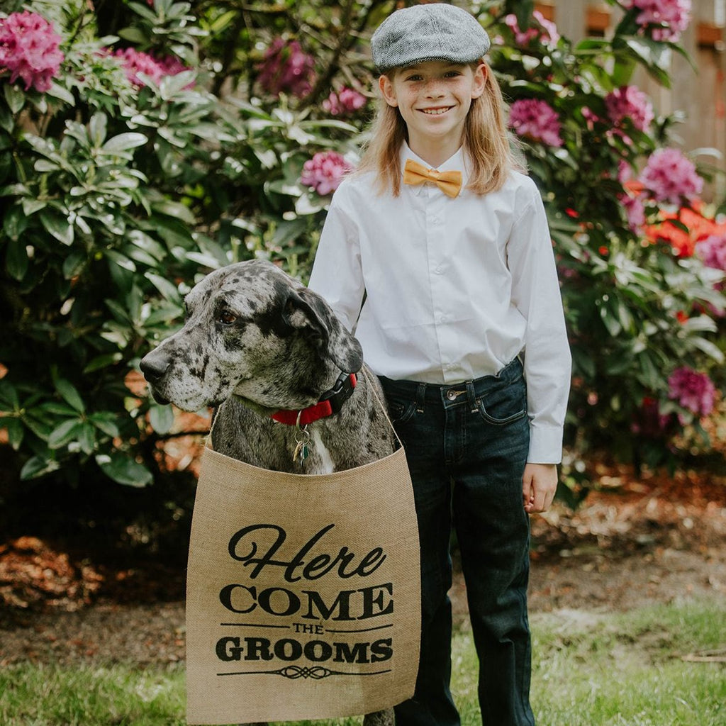 Here Come The Brides Brown Burlap Banner with Child and Dog - LGBT Wedding