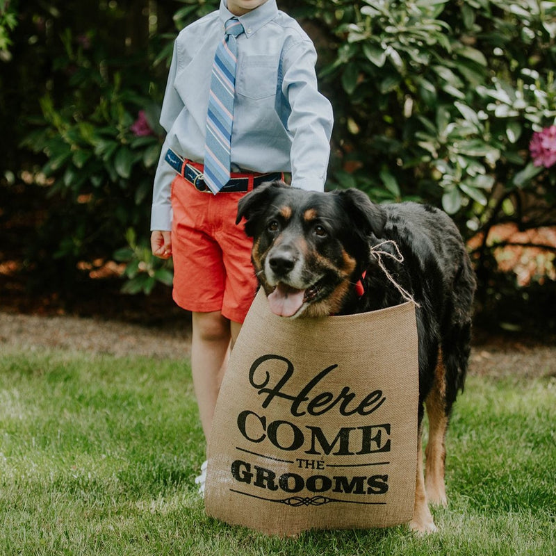 Here Come The Grooms Brown Burlap Banner with Child and Dog - LGBTQ Wedding Day