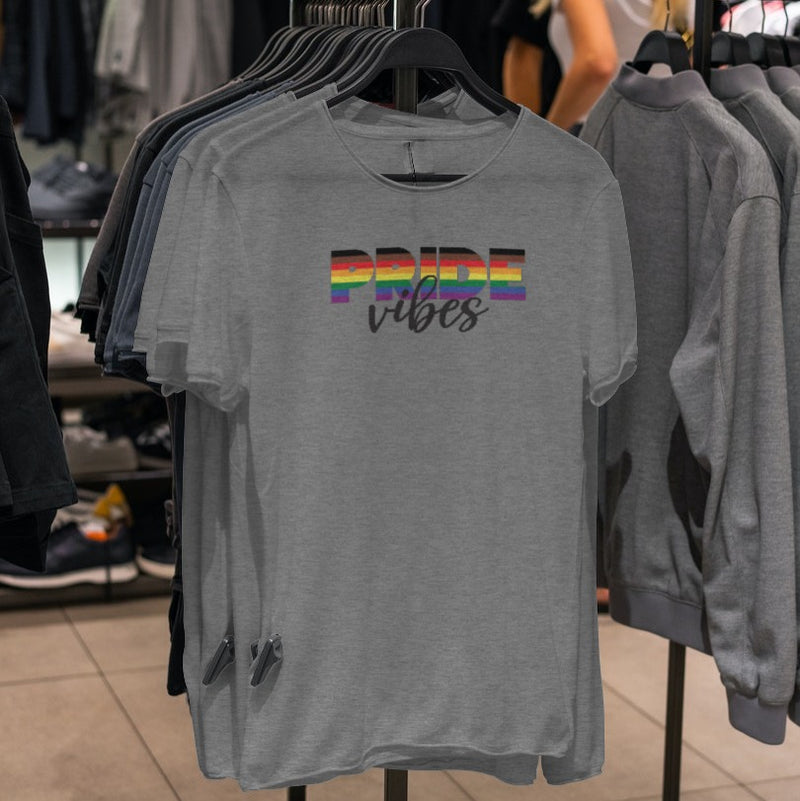 LGBTQ+ Pride Shirt - Pride Vibes - heather grey shirts on hangers