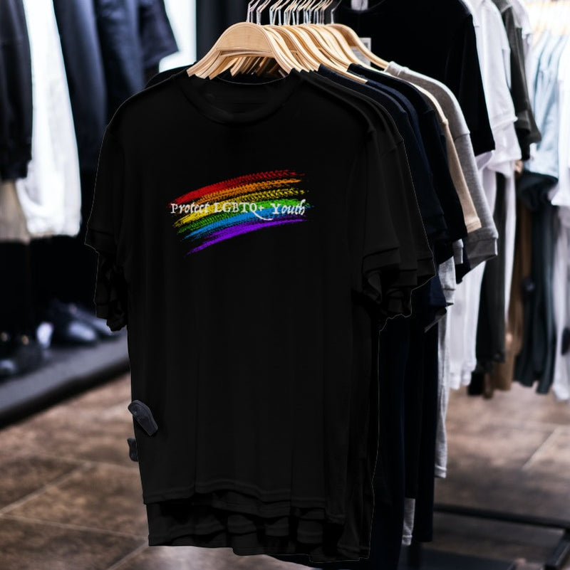 LGBTQ+ Pride Shirt - Support LGBTQ+ Youth  - Black shirts on hangers
